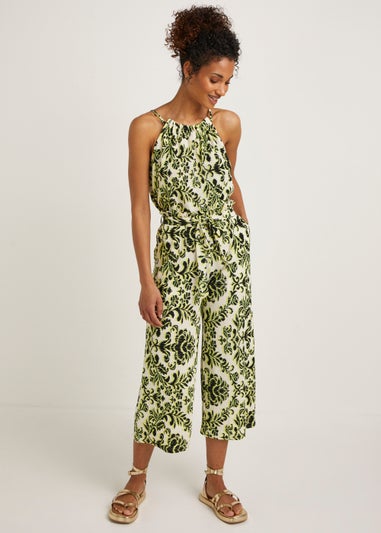 Lime Print Plisse Cropped Trousers