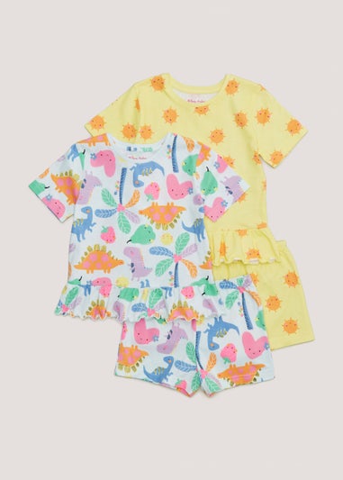 Girls 2 Pack Blue Dinosaur Print Short Pyjama Sets (9mths-5yrs)