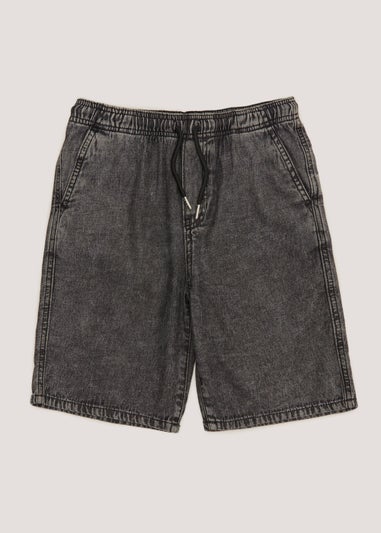 Boys Black Acid Wash Pull On Denim Shorts