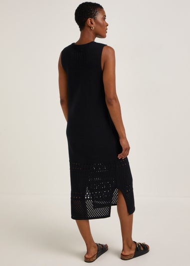 Black Pointelle Stitch Knitted Midi Dress