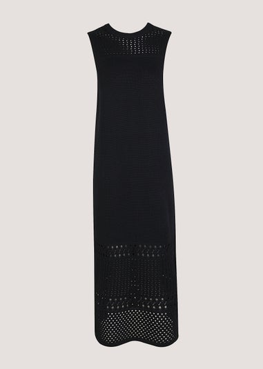 Black Pointelle Stitch Knitted Midi Dress