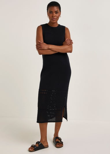 Black Pointelle Stitch Knitted Midi Dress