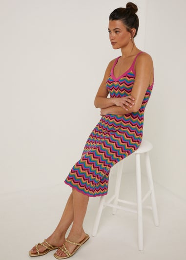 Multicoloured Zigzag Pointelle Stitch Knitted Midi Dress