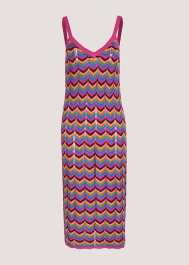 Multicoloured Zigzag Pointelle Stitch Knitted Midi Dress