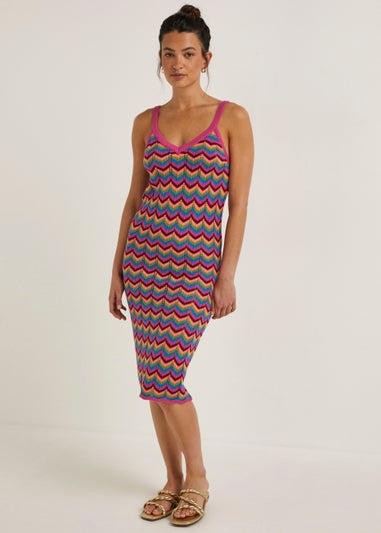 Multicoloured Zigzag Pointelle Stitch Knitted Midi Dress