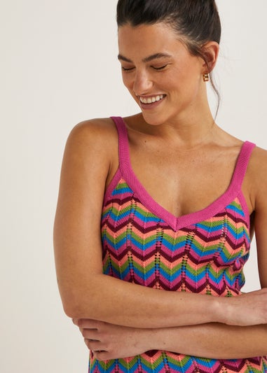 Multicoloured Zigzag Pointelle Stitch Knitted Midi Dress