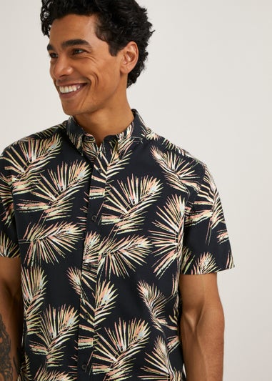 Black Leaf Print Short Sleeve Shirt