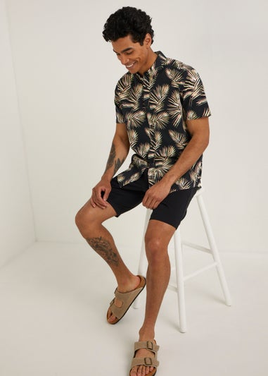 Black Leaf Print Short Sleeve Shirt
