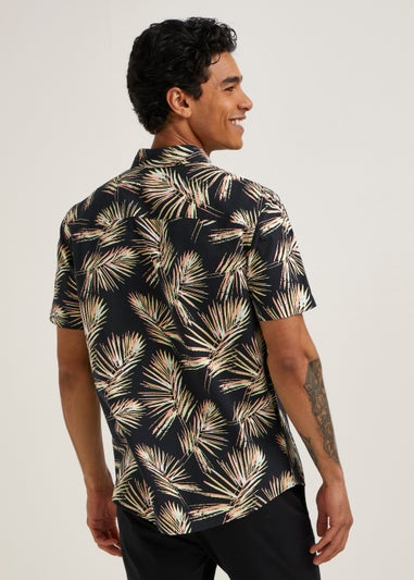 Black Leaf Print Short Sleeve Shirt