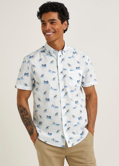 White Surfer Print Short Sleeve Shirt