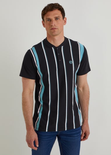 Black Stripe Grandad Collar T-Shirt - Matalan