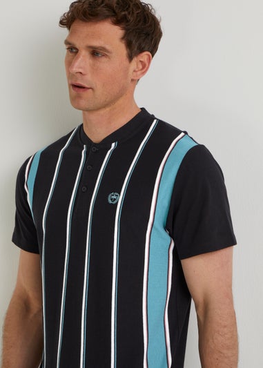 Black Stripe Grandad Collar T-Shirt - Matalan