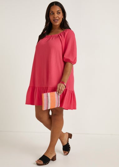 Papaya Curve Pink Textured Square Neck Mini Dress