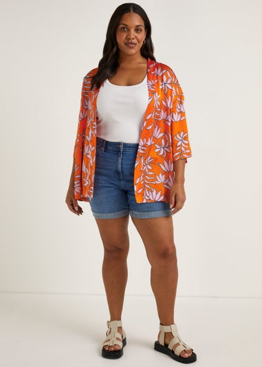 Papaya Curve Orange Floral Satin Kimono