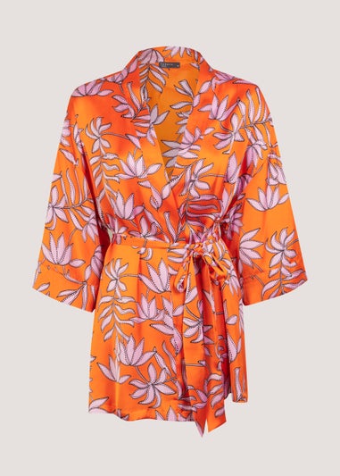 Papaya Curve Orange Floral Satin Kimono