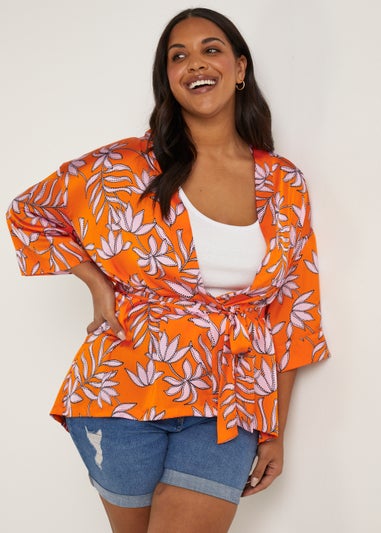 Papaya Curve Orange Floral Satin Kimono