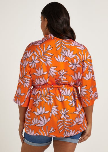 Papaya Curve Orange Floral Satin Kimono