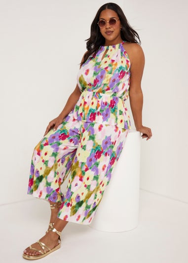 Papaya Curve Multicoloured Floral Wide Leg Cropped Trousers