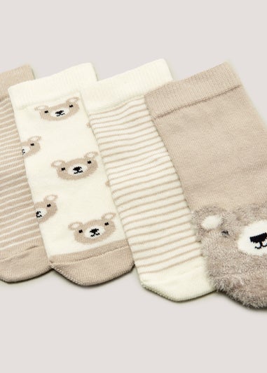 4 Pack Beige Bear Baby Socks (Newborn-12mths) - Matalan