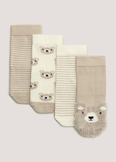 4 Pack Beige Bear Baby Socks (Newborn-12mths)