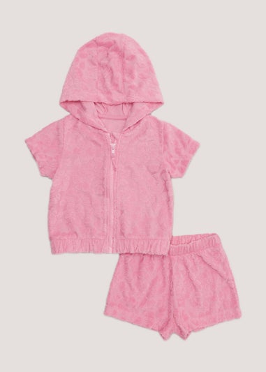 Girls Pink Floral Towelling Hoodie & Shorts Set (9mths-6yrs)