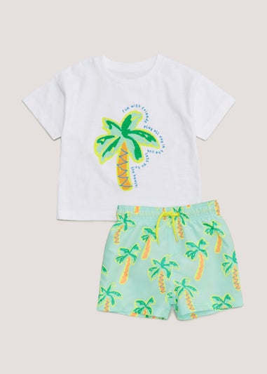 Nautinati Boys' Cotton Blend All-over Palm Tree Shirt & Shorts Co-ord Set