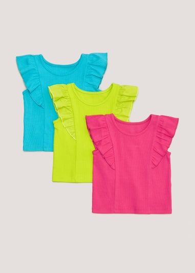 Girls 3 Pack Bright Frill Vest Tops (9mths-6yrs)
