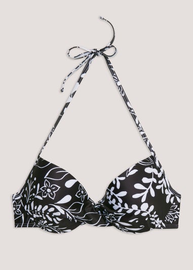 Black Leaf Print Bandeau Bikini Top