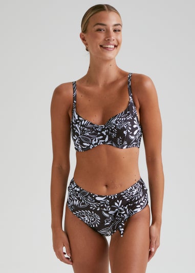 Black Leaf Print High Waisted Bikini Bottoms