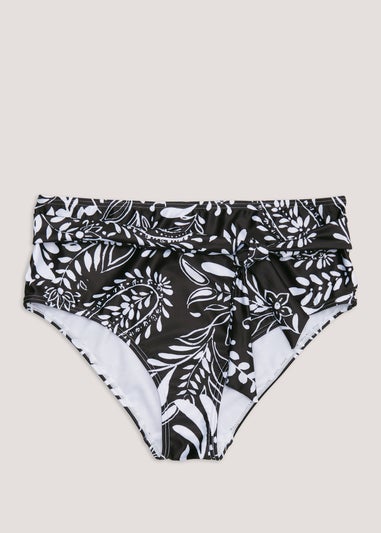 Black Leaf Print High Waisted Bikini Bottoms