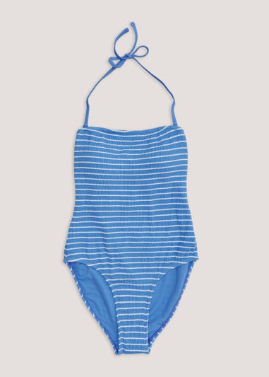 Blue Stripe Crinkle Bandeau Swimsuit