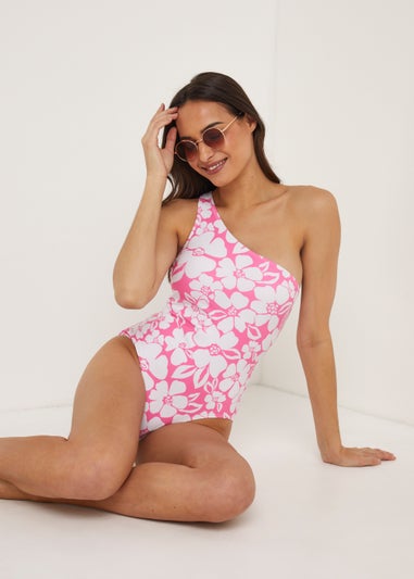 Pink Floral One Shoulder Swimsuit