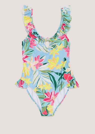 Blue Tropical Floral Frill Swimming Costume