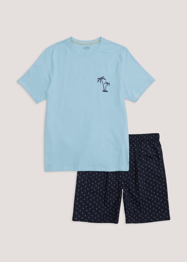Blue Palm Tree Print Short Pyjama Set