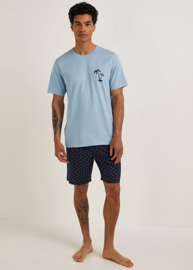Blue Palm Tree Print Short Pyjama Set