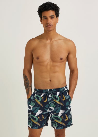 Navy Abstract Print Swim Shorts