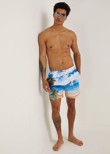 Blue Boat Scene Print Swim Shorts