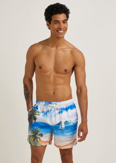 Blue Boat Scene Print Swim Shorts