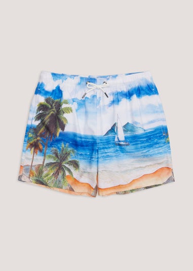 Blue Boat Scene Print Swim Shorts
