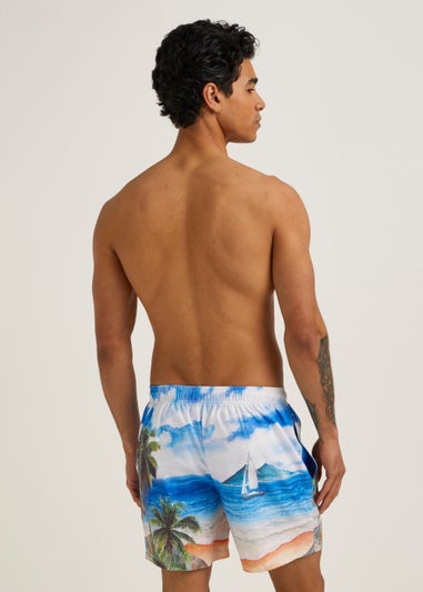 Blue Boat Scene Print Swim Shorts