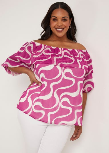 Papaya Curve Pink Print Chiffon Bardot Blouse