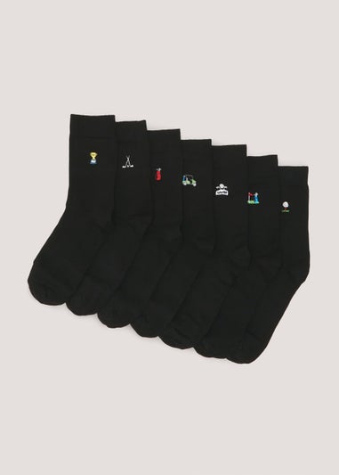 7 Pack Black Golf Embroidered Socks