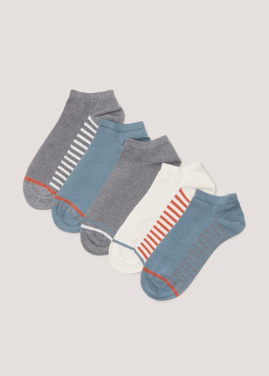 5 Pack Blue & Grey Footbed Stripe Ankle Socks