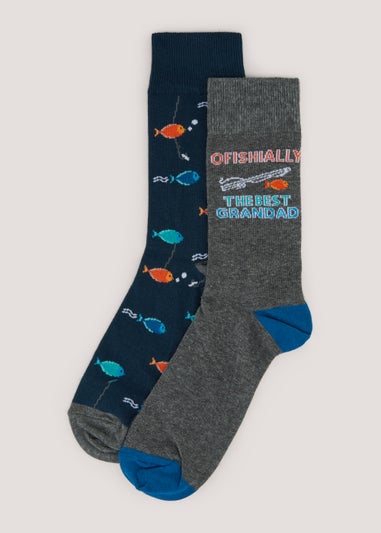 2 Pack Navy Grandad Fish Print Socks