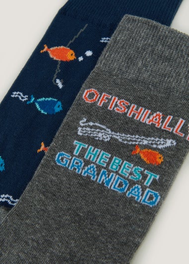 2 Pack Navy Grandad Fish Print Socks