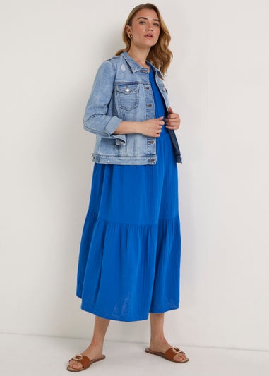 Blue Double Cloth Rope Neck Midi Dress