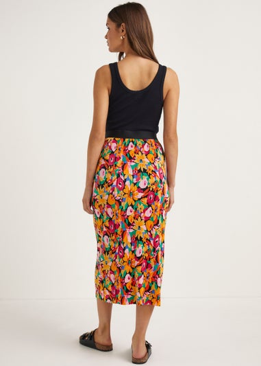 Multicoloured Floral Plisse Midi Skirt