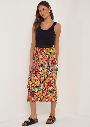 Multicoloured Floral Plisse Midi Skirt