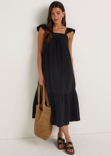 Black Double Cloth Frill Dress