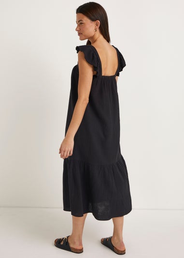 Black Double Cloth Frill Dress